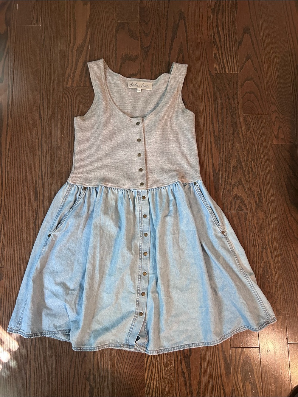 Vintage Light Grey Knit-Top Denim skirt women Dress with big pockets fits M